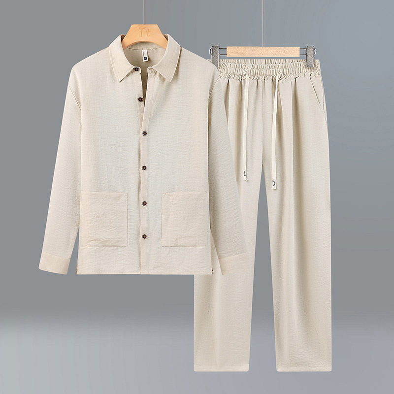 2026 Spring/Autumn Style Loose-fitting Casual Men's Solid Color Suit, Thin and Breathable Cardigan Shirt and Trousers, Casual Two-Piece Set