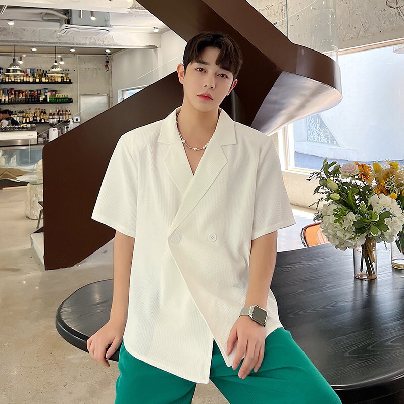 Trendy Double-Breasted Waffle Short-Sleeve Shirt for Men, Summer Ins-Style Loose Fit with High-End Design, Hairstylist Style