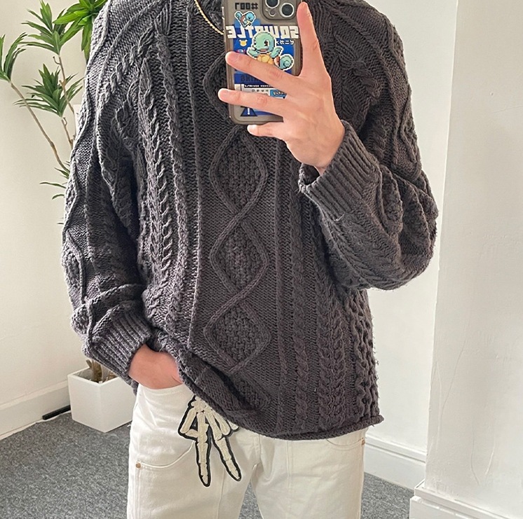 Men's Clothing hand made twisted pullover round neck sweater high street knitted sweater_voghion.com