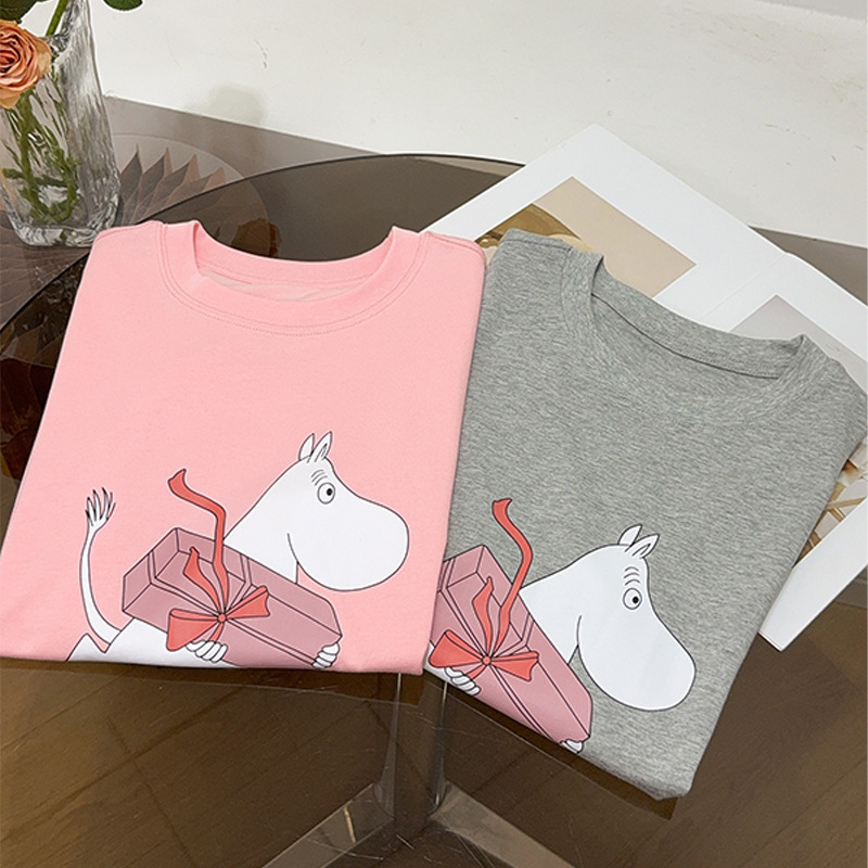 AC Home 25 春の新作 カバ ムーミン ジョイント漫画プリント ラウンドネック 半袖 ユニセックス ニッチ ルーズ Tシャツ|undefined