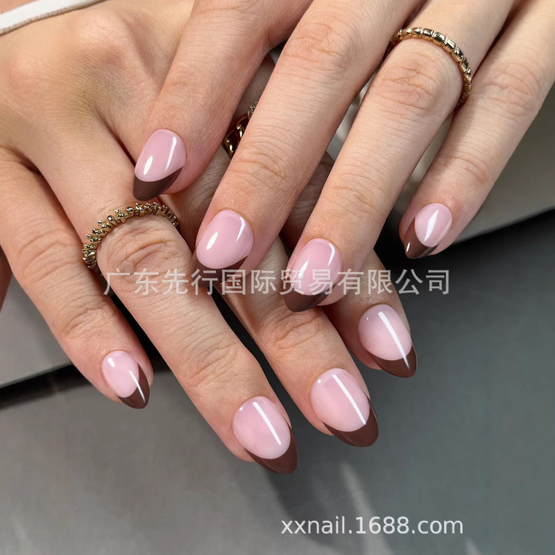 32Pcs Nails 16Size Gel Soft Nails Coffee French Press Fake Nails Manicure Patch Wearable Nails