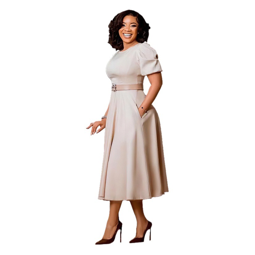 Ropa de mujer transfronteriza europea y americana Amazon cuello redondo elegante cintura grande swing puff manga falda de una línea vestido africano image 1