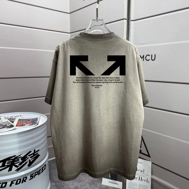 Off Correct Version Summer Hot Item Ow Washed and Distressed Arrow Print Round Neck Short Sleeve T-Shirt for Men and Women, One Piece Available