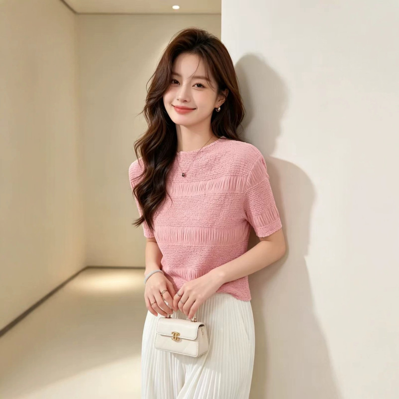 Miyake Round Neck Mid-Sleeve Top for Women, Summer Striped Texture Blouse, Loose Fit, Slimming, Versatile, Solid Color T-Shirt