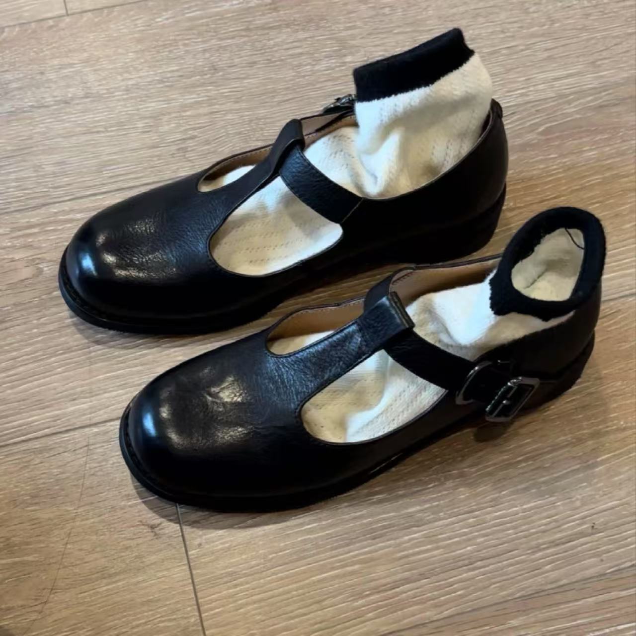 2025新款秋季日系圆头中跟玛丽珍鞋女复古风粗跟小皮鞋T字带单鞋