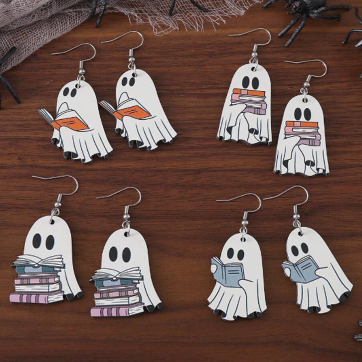 Boucles d'oreilles fantômes livres d'Halloween, style gothique, en acrylique plat, cadeau idéal pour les amoureux des livres._voghion.com