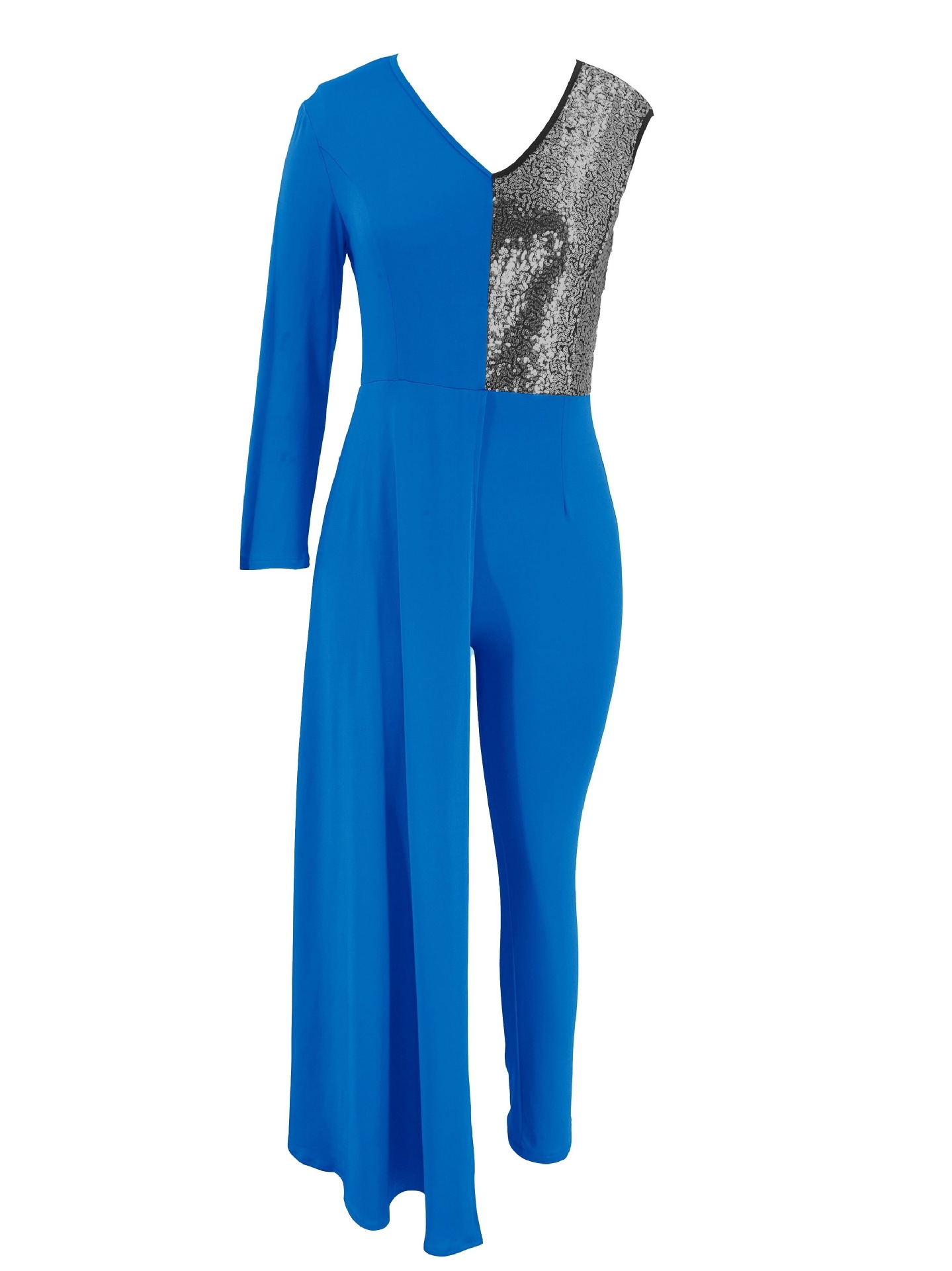 Cross-border Mujeres de Europa y América del mono de moda sexy V-cuello de lentejuelas costura delgado de un solo hombro fiesta noche mono
