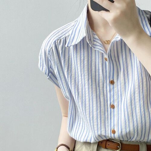 French Striped Chic Short-Sleeve Blouse Women's 2025 Summer New Unique High-End Minority Shirt