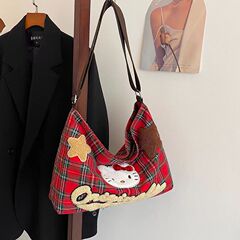メーカー直販越境大容量斜めショルダーバッグ女性ファッション可愛いkt猫キャンバスバッグ格子ストライプ通勤トート
