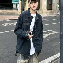 重磅复古蓝水洗牛仔外套男装宽松工装拉链设计大口袋百搭夹克翻领