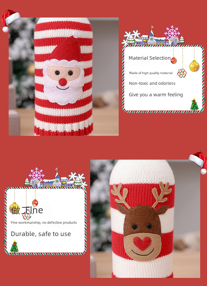 Neu Weihnachtsschmuck Wolle Acryl Gestrickte Gestreifte Weinflasche Set Elch Schneemann Wein Champagner Flasche_voghion.com