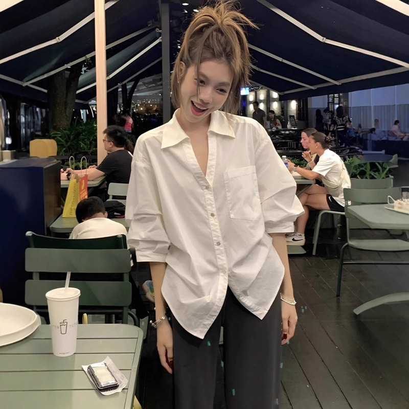 Korean Design V Neck Puff Sleeve White Shirt Women's Early Autumn New Style Old Money Style Loose Slimming Look Waist Top