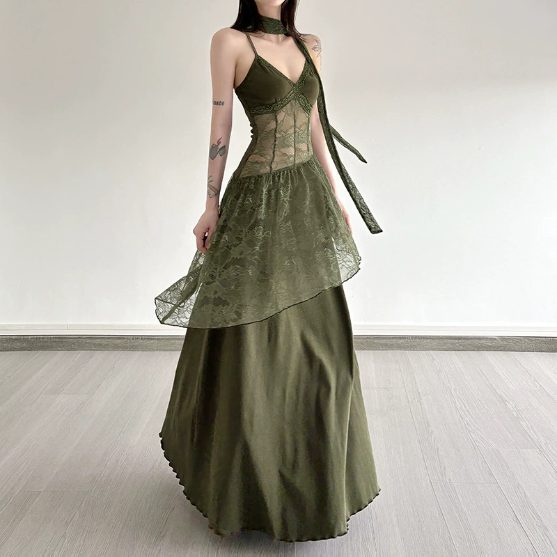 Мори ретро vintage кружевное сшивание сексуальная перспективная подтяжка длинная юбка горячая девушка ветер талия тонкое платье