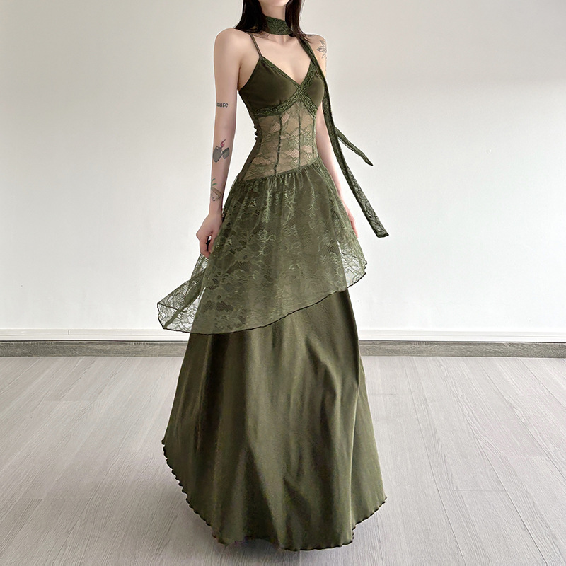 Mori Style Vintage vintage Lace Stitching Sexy Perspective Sling Dress Spice Girl Style Tight Waist Slimming dress