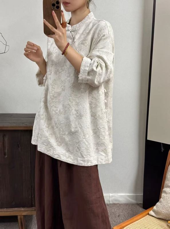 2025秋新款立领斜襟外穿宽松中式女衬衫盘扣茶服复古亚麻提花上衣|undefined