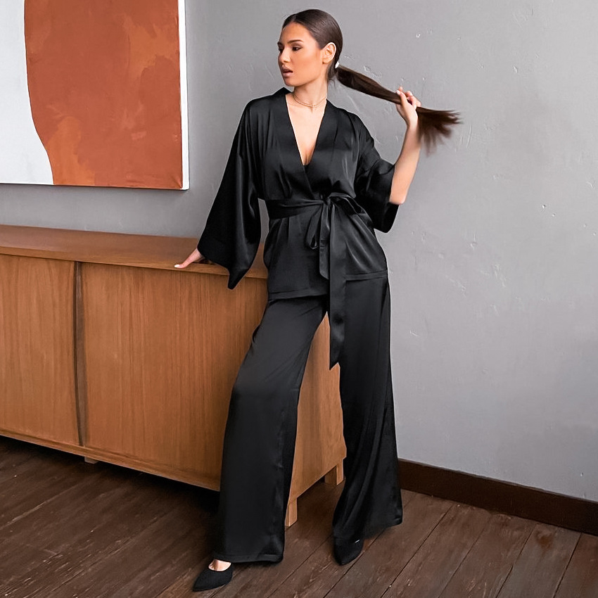Spring Satin Long-sleeved Cardigan Lace-up Nightgown Set Women's European and American Household Loose Pants Pajamas Set 2024