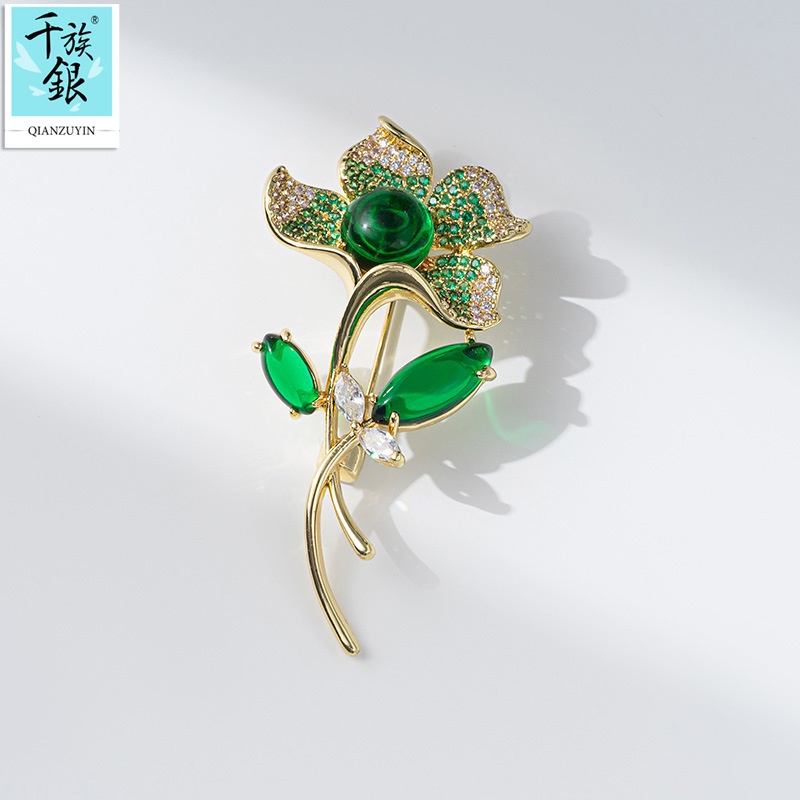 Thousand Family Silver 2024 Mother's Day Gift Wholesale Chinese Style Green Chalcedony High-end Flower Brooch Coat Accessories