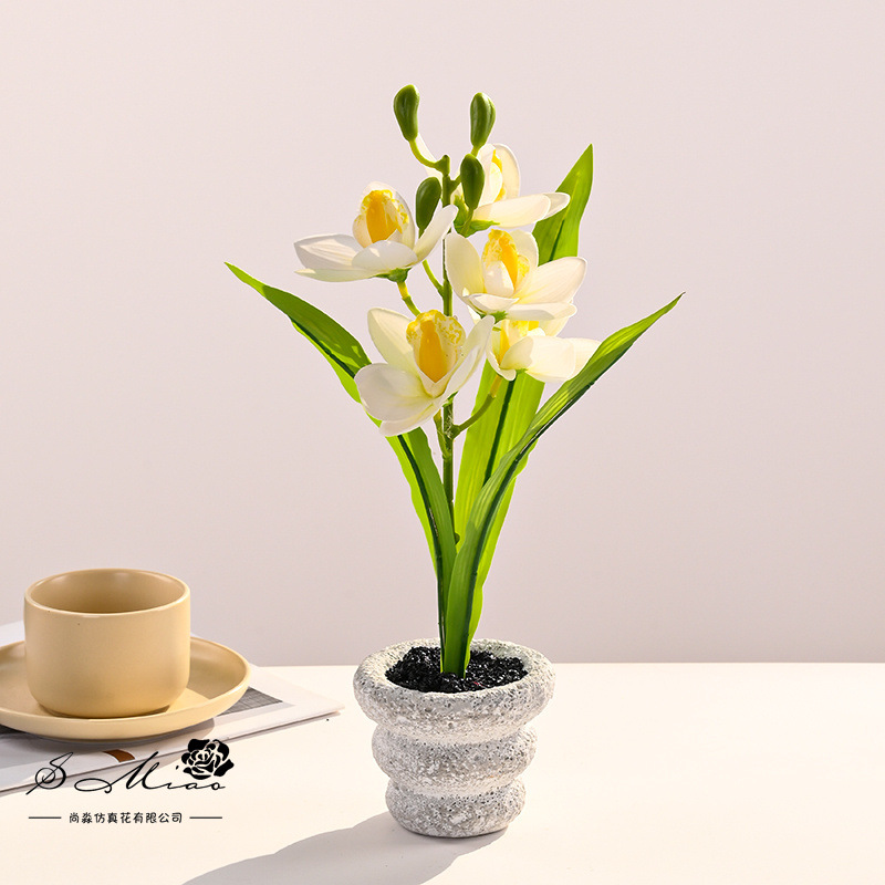 Bonsái de Cymbidium Artificial de 5 Cabezas, Flor de Seda, Decorativo, para Hogar y Estudio Fotográfico