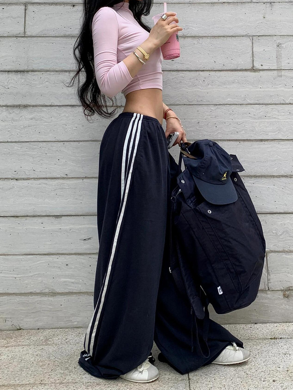 藏蓝色运动阔腿裤女春夏季设计感三条杠宽松百搭慵懒风直筒休闲裤|undefined