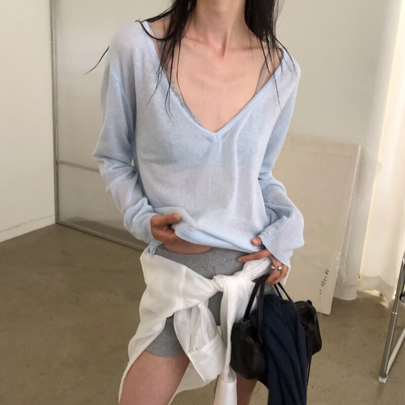 Women's Clothing~Korean Dongdaemun 2026 Summer New Lightweight Casual Solid Color Deep V-Neck Long Sleeve Knit Sweater