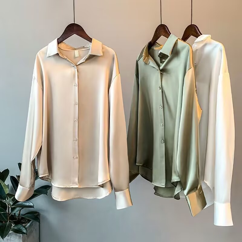 Damenbekleidung Langarm-Satinhemd Damen-Design Nische Frühling und Herbst neuer Stil vielseitig drapiertes Retro-Hemd im Hong Kong-Stil_voghion.com