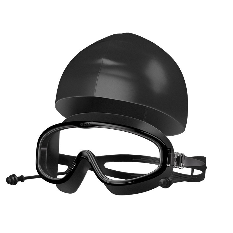 5~16세 어린이 모델 - 검정색 투명 수영 고글 + 검정색 수영 모자 + 가방