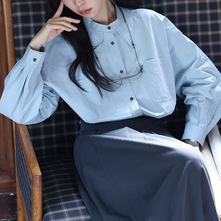 Women's blue long-sleeved shirt, simple H-shaped wash temperament pointed collar shirt, oldtimes Sky