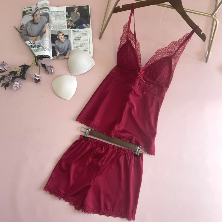 Amazon New Pajamas Women's Summer Sling Shorts Two-piece Suit Ice Silk Thin Outwear Sexy Home Clothes