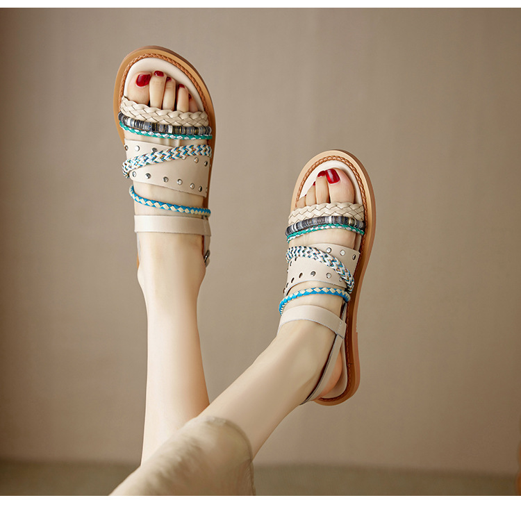 Dép sandal nữ quai ngang đế bằng da bò dệt phối màu, kiểu La Mã hở mũi — đen chi tiết 3