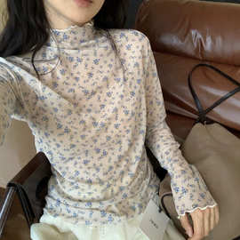 【工厂直销】甜辣碎花叠穿T恤女春新款米白色半高领修身百搭上衣