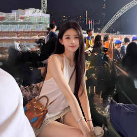 TZ7040纯欲辣妹白色无袖挂脖背心女外穿慵懒风性感露背小上衣