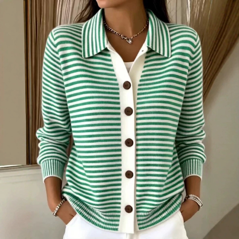 2026 European and American buttoned knitted striped cardigan sweater jacket, new autumn and winter cross-border solid color casual fashion women's clothing 2026 European and American buttoned knitted striped cardigan sweater jacket, new autumn and winter cross-border solid color casual fashion women's clothing