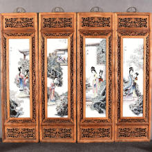 古玩杂项旧藏老花梨木镶瓷板画仕女图四条屏装饰画工艺收藏品装饰