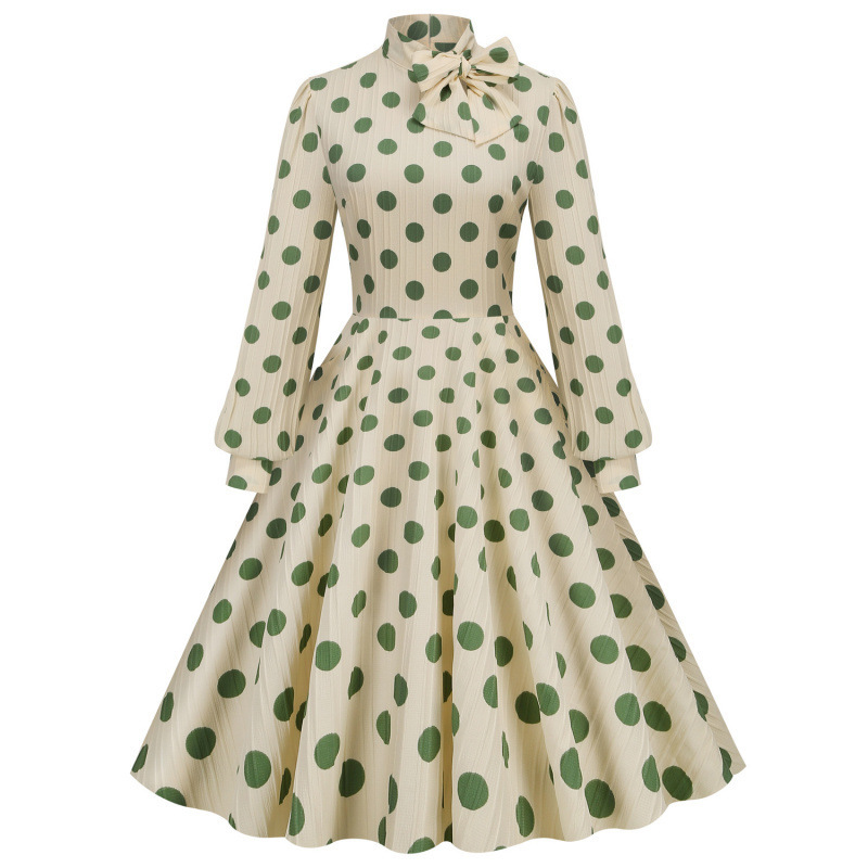 Retro Court-Style High-Neck Polka-Dot Puff-Sleeve Hepburn-Style Holiday Party Cocktail Dress with a Large Hem and Mid-Length Skirt Retro Court-Style High-Neck Polka-Dot Puff-Sleeve Hepburn-Style Holiday Party Cocktail Dress with a Large Hem and Mid-Length Skirt