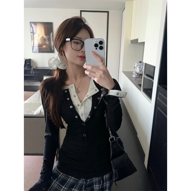 黑色假两件长袖T恤女早春设计感小众修身打底衫别致chic上衣|undefined