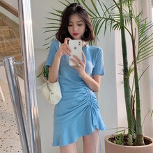 韩国东大门代购新款设计感气质抽绳褶皱短袖修身显瘦连衣裙女夏天