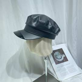 英伦风气质pu皮报童帽子女秋冬复古平顶画家八角帽显脸小贝雷帽潮