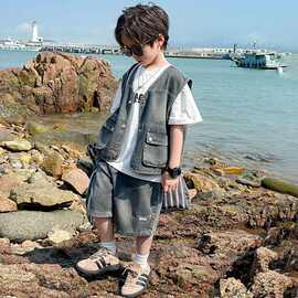 男童夏装套装2025新款痞帅儿童宝宝牛仔马甲三件套韩版男孩休闲装