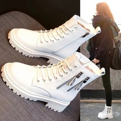 外贸纯色短靴女2025秋季纯色侧拉链皮面马丁靴内增高厚底女式皮靴