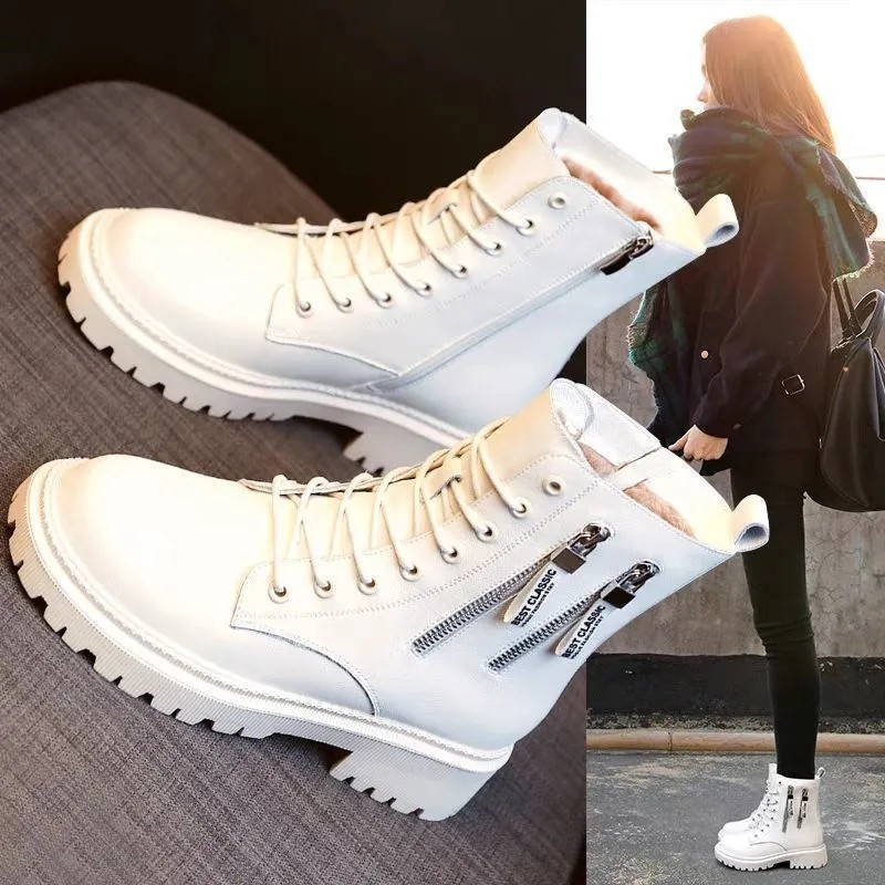 外贸纯色短靴女2025秋季纯色侧拉链皮面马丁靴内增高厚底女式皮靴|undefined