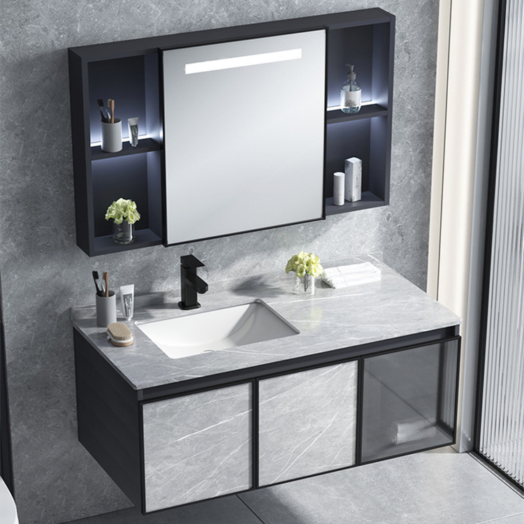 Cuarto de baño lavabo gabinete combinación Placa de roca cuenca integrada espacio aluminio mueble de baño moderno Luz de lujo lavabo mesa de lavado