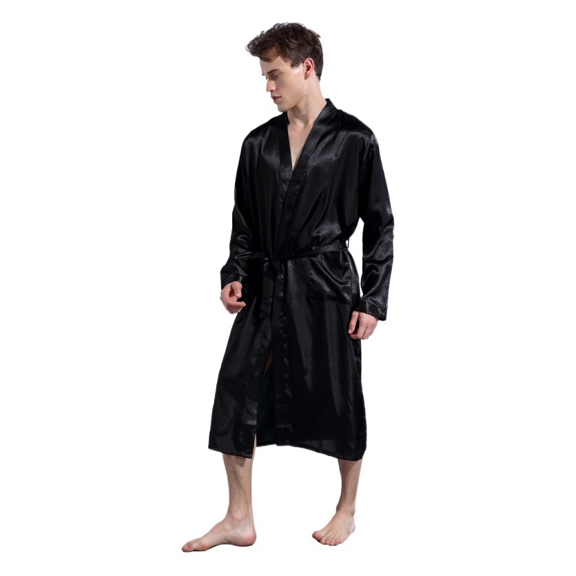 Bata de color sólido transfronterizo para hombres delgada Rebeca camisón suelto más tamaño de manga larga de primavera y otoño bata de baño satinado brillante