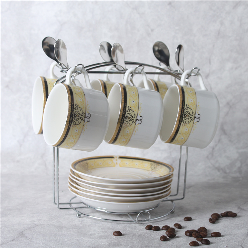 European-style Ceramic Cup Water Cup Coffee Cup suit Household Simple Bone China Flower Tea Cup with Plate and Spoon Rack