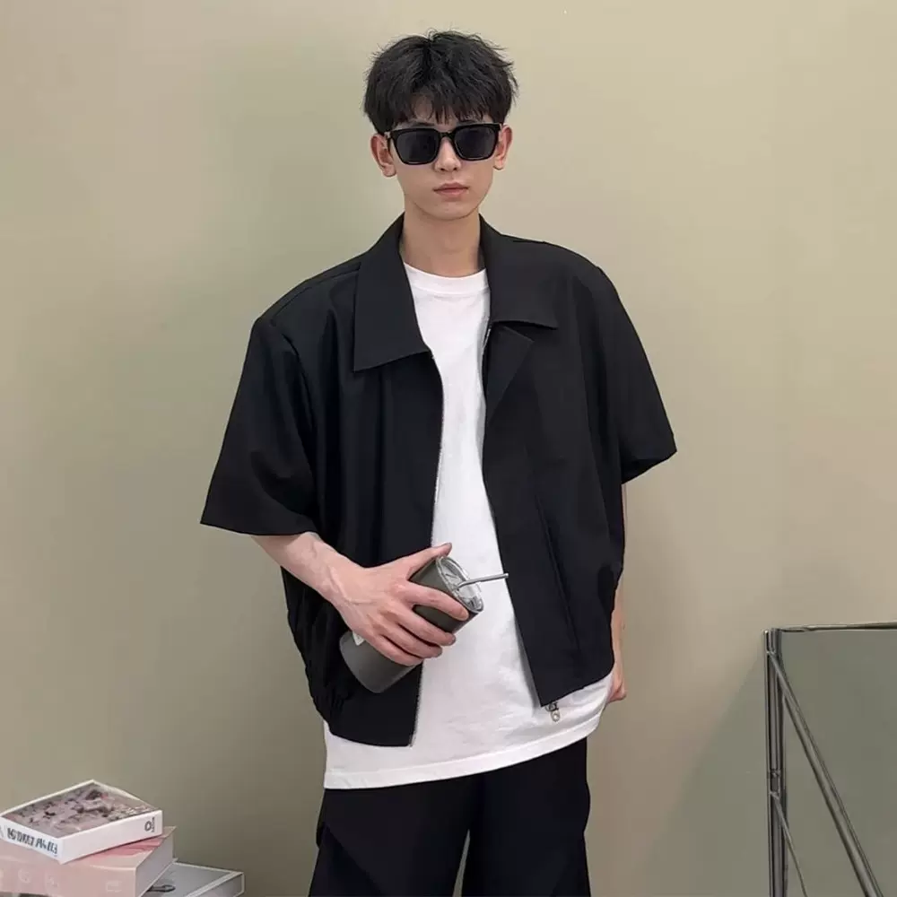 新款定做垫肩短袖外套男款夏季痞帅高级感男装黑色短款飞行员夹克