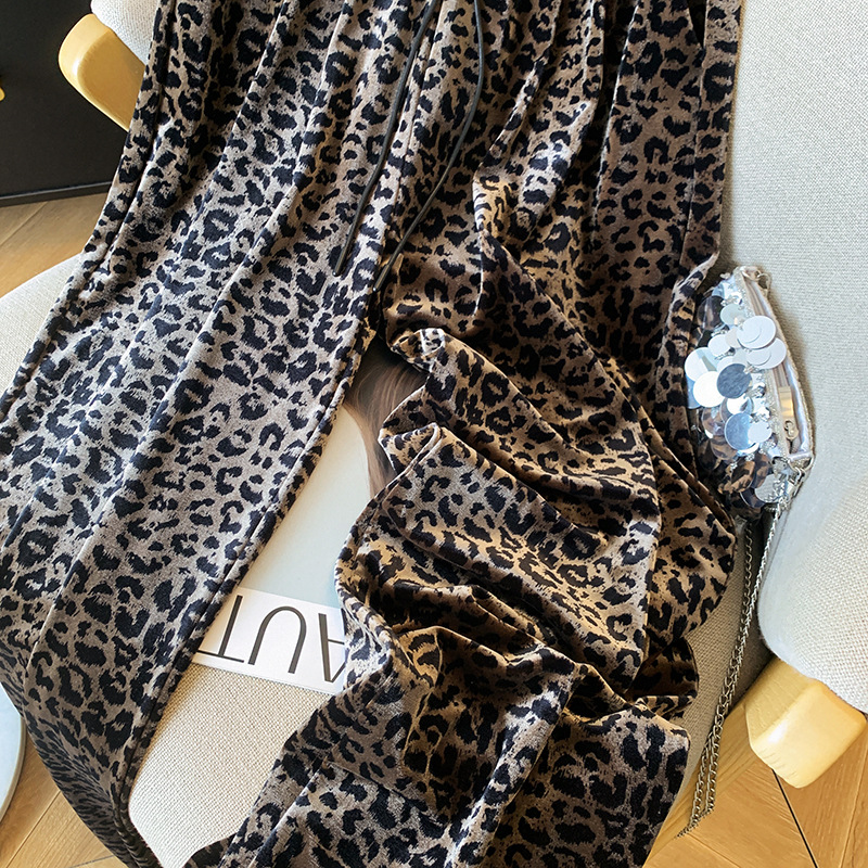 Women's Clothing 2024 autumn new leopard print gold velvet wide leg pants for women high waist drape casual high end straight velvet pants_voghion.com