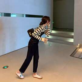 bigyu 减龄休闲背带裤~复古深蓝色高腰直筒阔腿女春冬连体牛仔裤