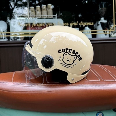 3C certified women's electric bike helmet, men's autumn and winter electric scooter cartoon cute motorcycle half helmet (Motosiklet dəbilqələri) - short-hd-huiqi-khaki-smiling-bear-mega-discount-sale