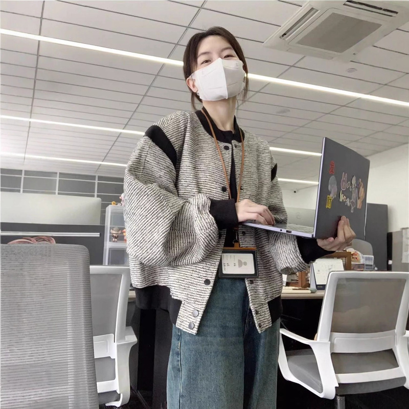 Gray Commuting French Retro Chanel Style Jacket for Petite Women, Spring and Autumn 2025 New Loose Baseball Jacket