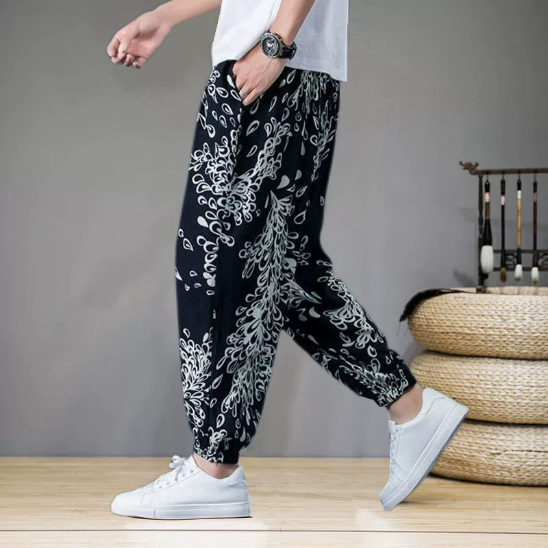 Мужские повседневные длинные брюки из ледяного шелка, летние тонкие свободные широкие брюки для бега, универсальные модные укороченные брюки-фонарики