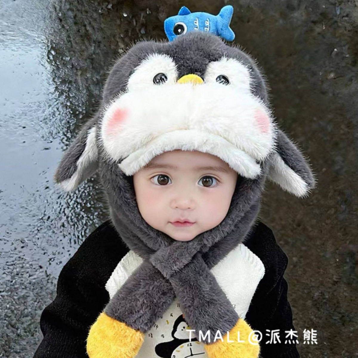 Bonito pingüino para niños sombrero de peluche bufandas de invierno para mujeres calentamiento cuello orejas se moverán gorras protectoras de orejas